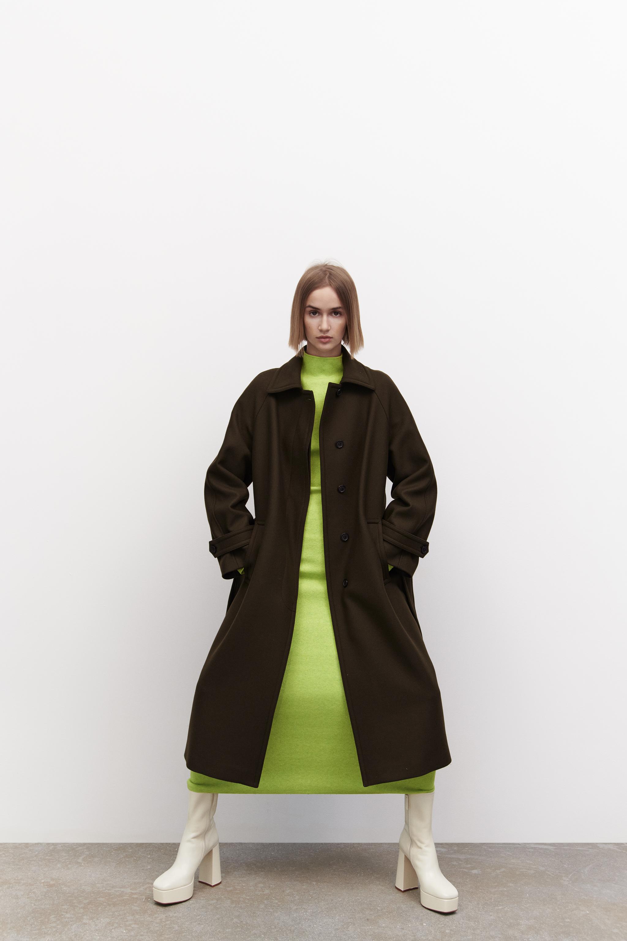 Zara Gold Button Wool Blend Coat in Olive offers Green